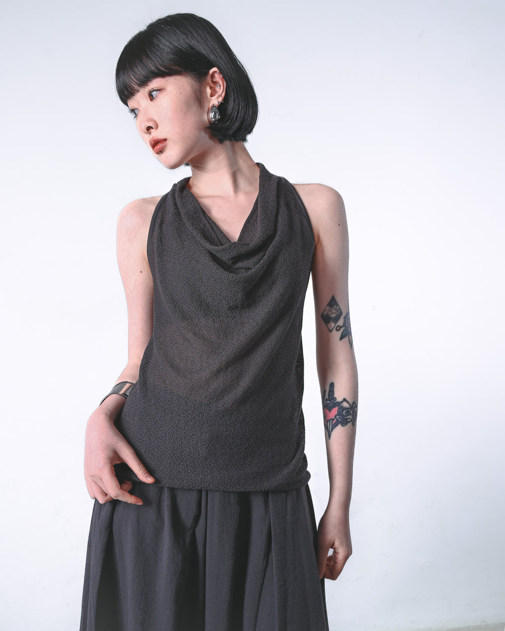 Sheer Cowl-Halter Knit Top