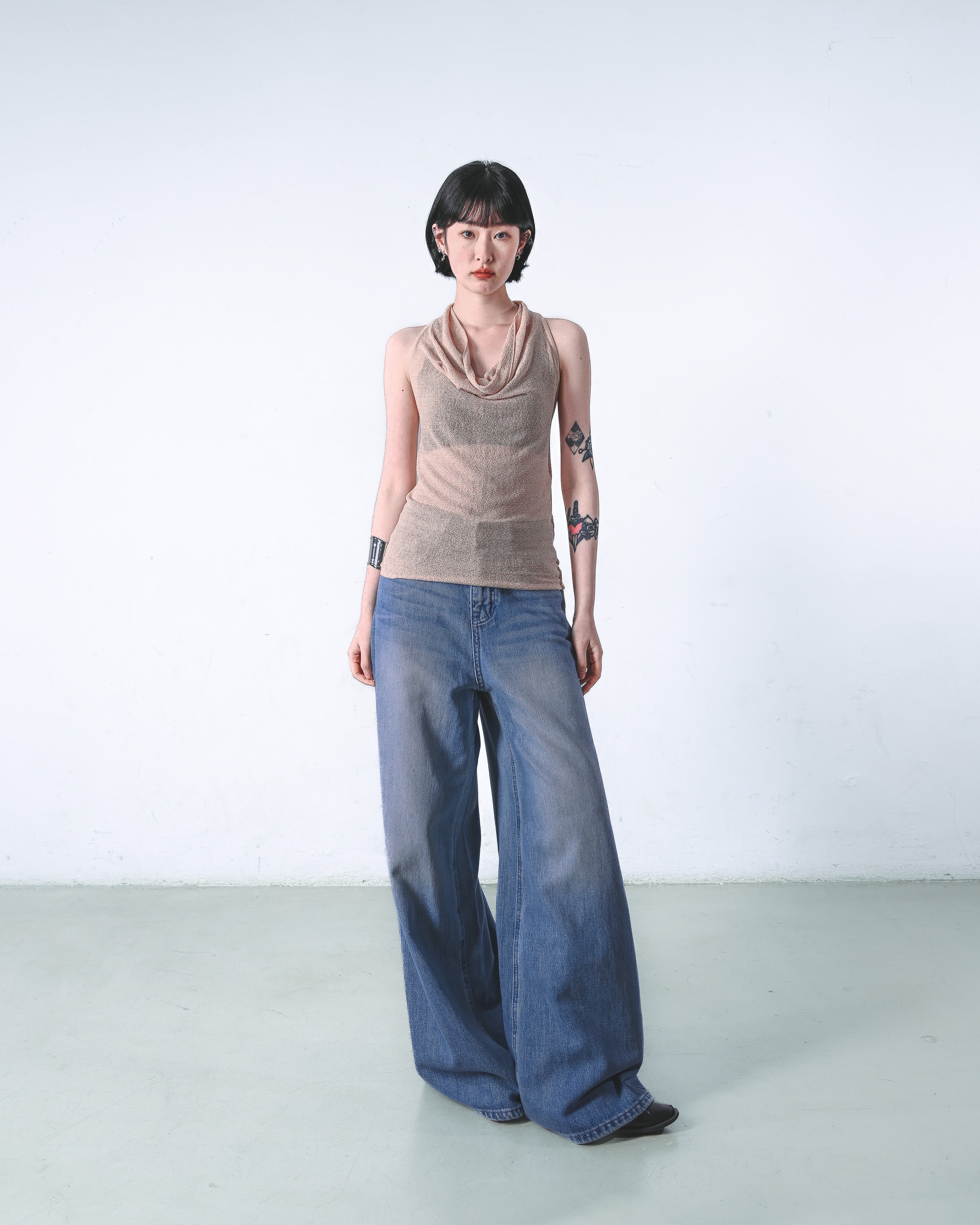 Sheer Cowl-Halter Knit Top