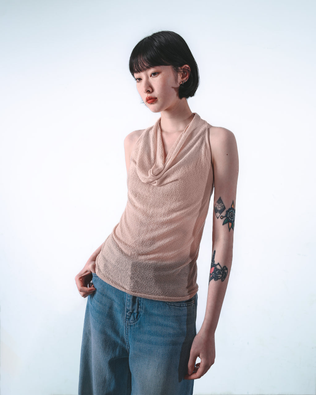 Sheer Cowl-Halter Knit Top
