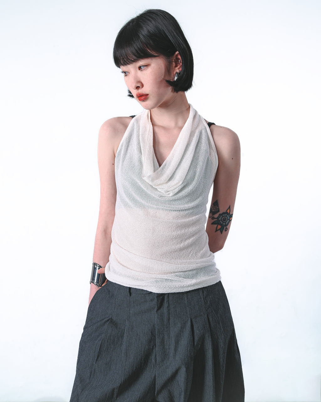 Sheer Cowl-Halter Knit Top