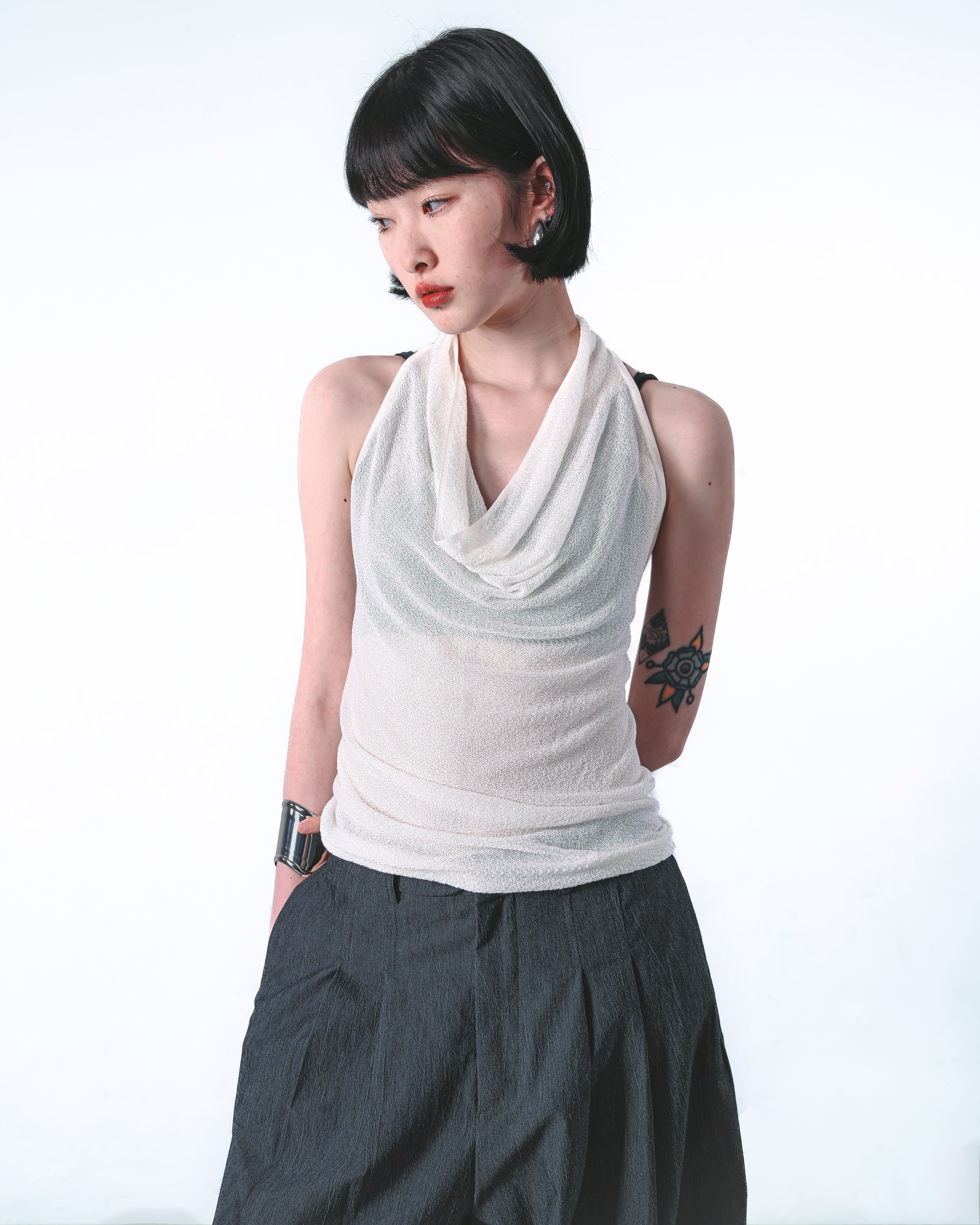 Sheer Cowl-Halter Knit Top
